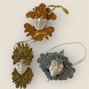 Set of 3 Polymer Hand crafted holiday Mask & faces Ornaments drama gold silver